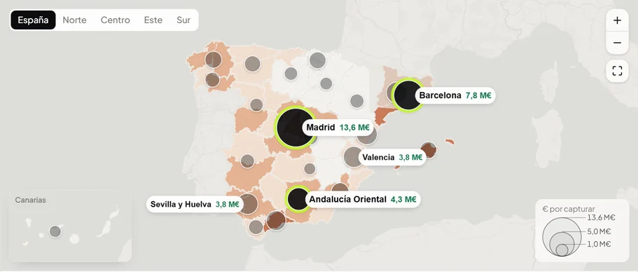 Mapa de España con la oportunidad por territorio y los tres que importan destacados